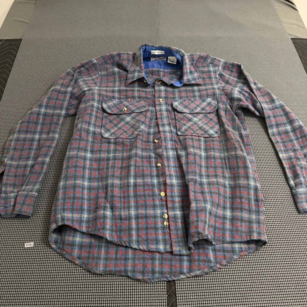 Vintage Sears Roebuck Men Blue Red Plaid Wool Blend Flannel Shirt Medium 0783